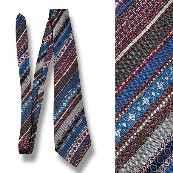 Vintage 1960s Tie Striped Mixed Print  Acetate/Rayon  Made in Hong Kong Teal Red - Picture 1 of 5